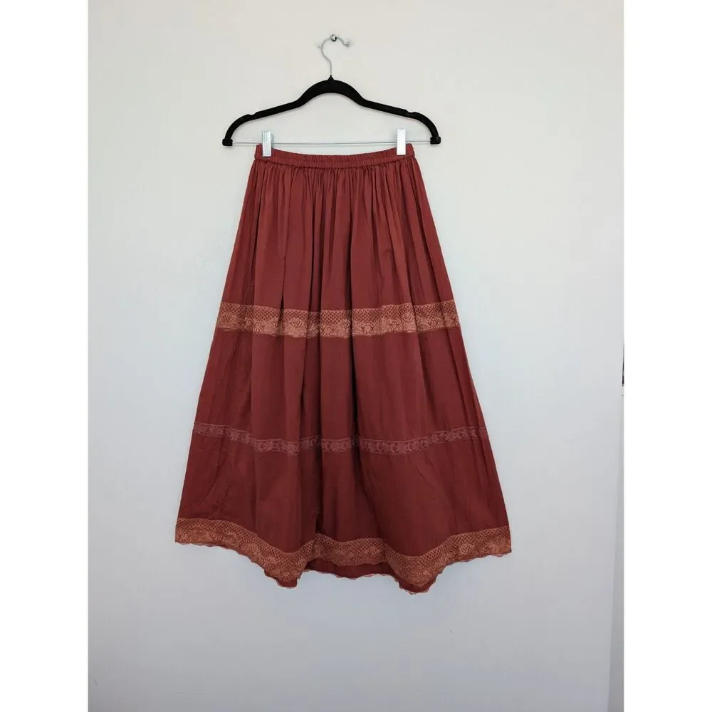Y2K Vintage Rampage Rust Boho Lace Tiered Cotton Midi Skirt Sz M Made in India
